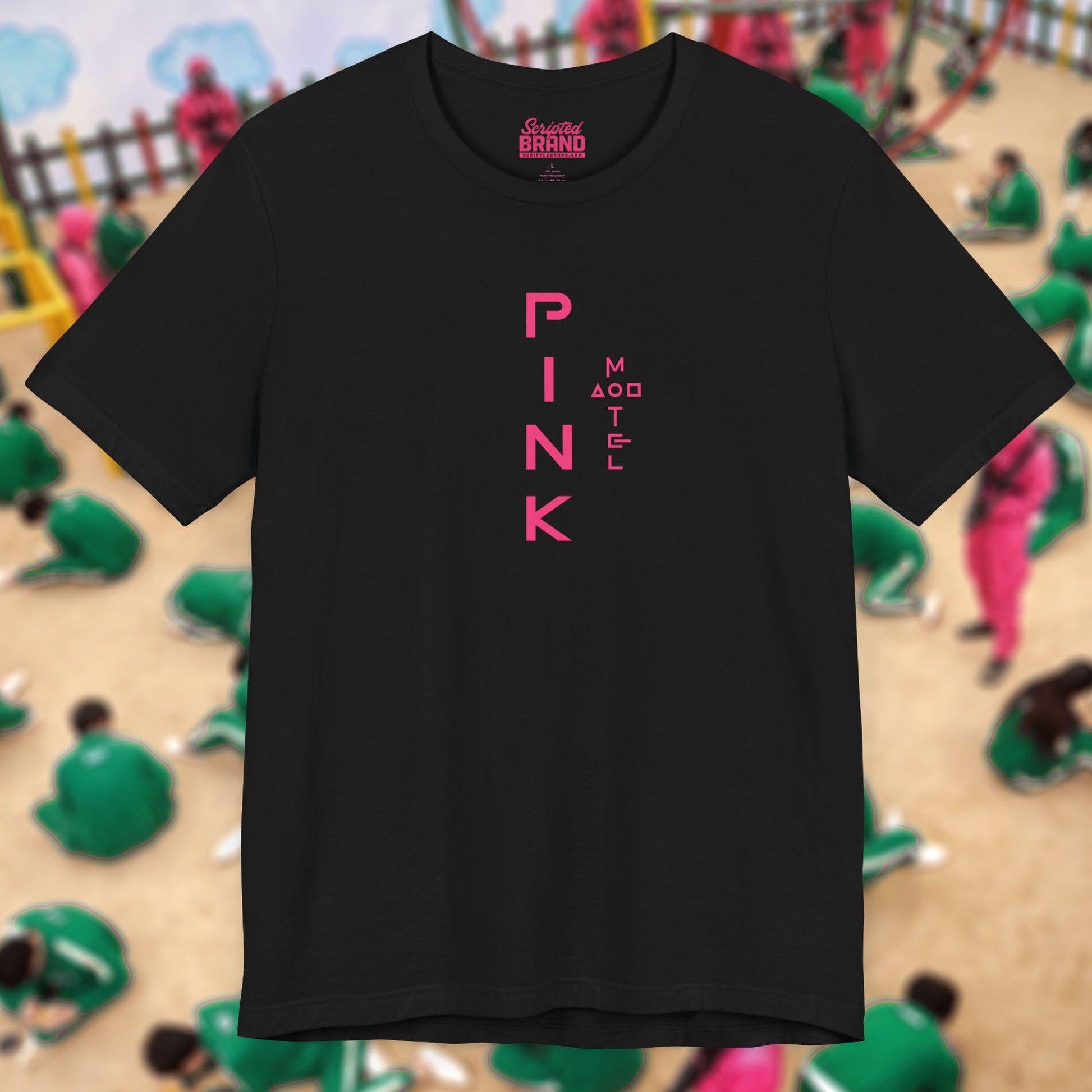 Front view of a black colored soft Bella+Canvas 3001 short-sleeve t-shirt featuring a pink logo graphic of the fictional Pink Motel inspired by the TV series Squid Game, in a vintage distressed style, sold by ScriptedBrand.