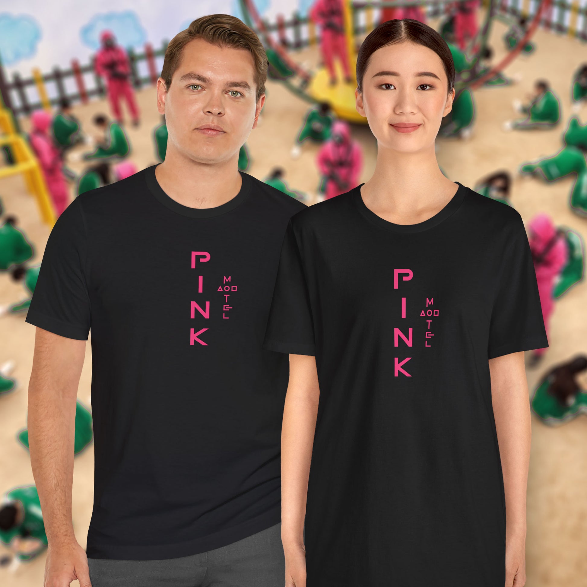 Front view of 2 models wearing black colored soft Bella+Canvas 3001 short-sleeve t-shirts featuring a pink logo graphic of the fictional Pink Motel inspired by the TV series Squid Game, in a vintage distressed style, sold by ScriptedBrand.