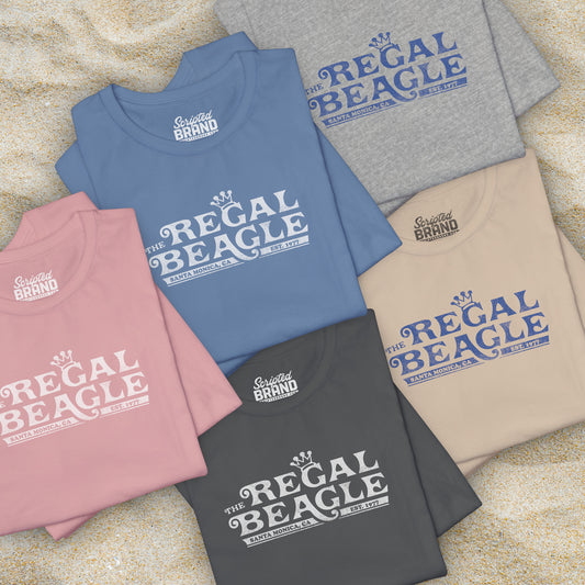 Group of 5 folded  soft Bella+Canvas 3001 short-sleeve t-shirts featuring the Regal Beagle logo from the TV Show Threes Company in a vintage distressed style.
