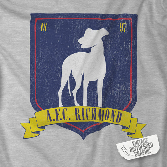 Closeup view of an athletic heather grey soft Bella+Canvas 3001 short-sleeve t-shirt featuring the logo graphic of the fictional English soccer team AFC Richmond inspired by the TV show Ted Lasso in a vintage distressed style, sold by ScriptedBrand.
