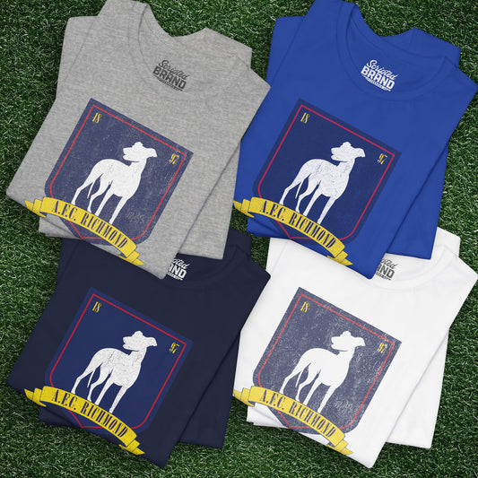 Group of 4 folded soft Bella+Canvas 3001 short-sleeve t-shirts featuring the logo graphic of the fictional English soccer team AFC Richmond inspired by the TV show Ted Lasso in a vintage distressed style, sold by ScriptedBrand.