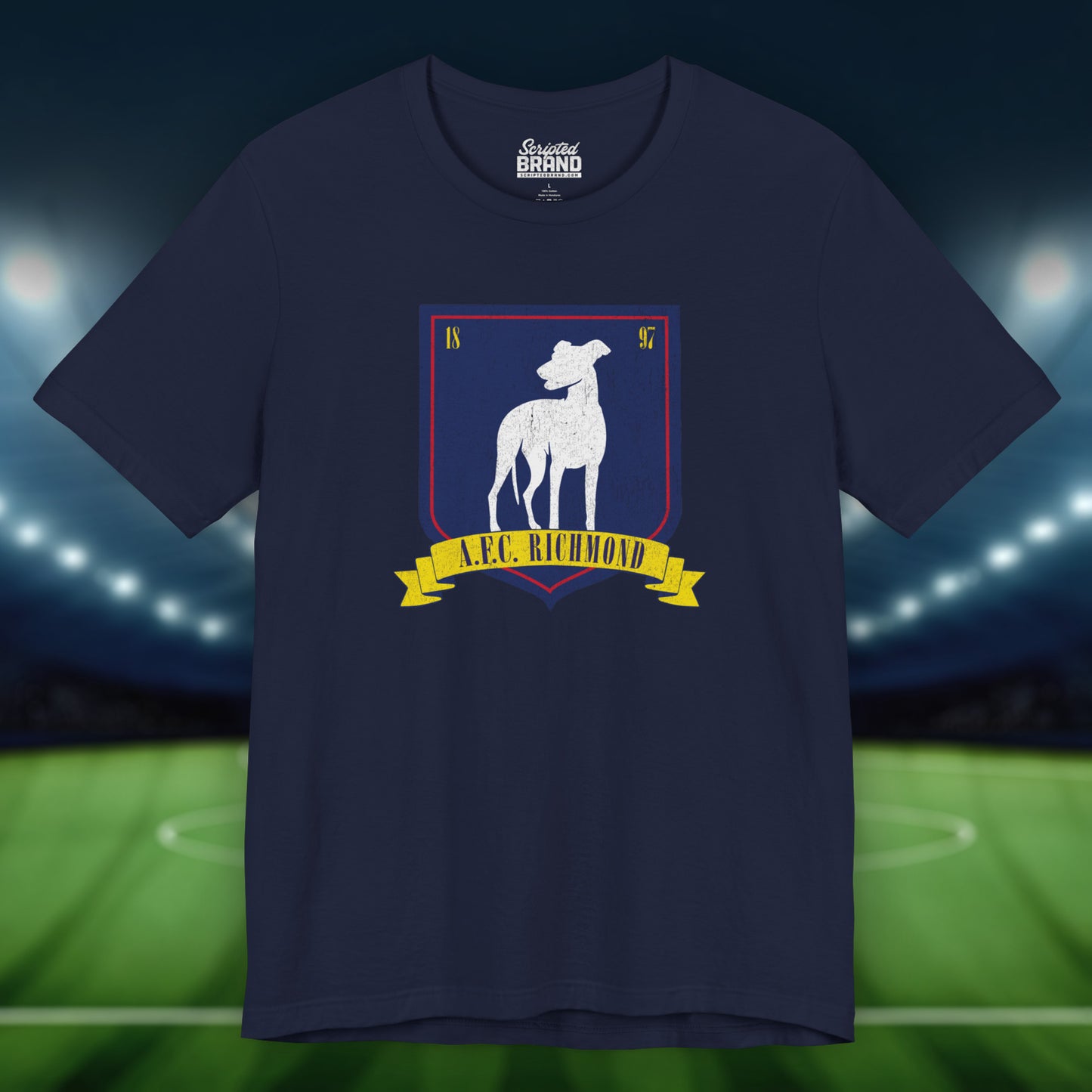 Front view of a navy blue soft Bella+Canvas 3001 short-sleeve t-shirt featuring the logo graphic of the fictional English soccer team AFC Richmond inspired by the TV show Ted Lasso in a vintage distressed style, sold by ScriptedBrand.