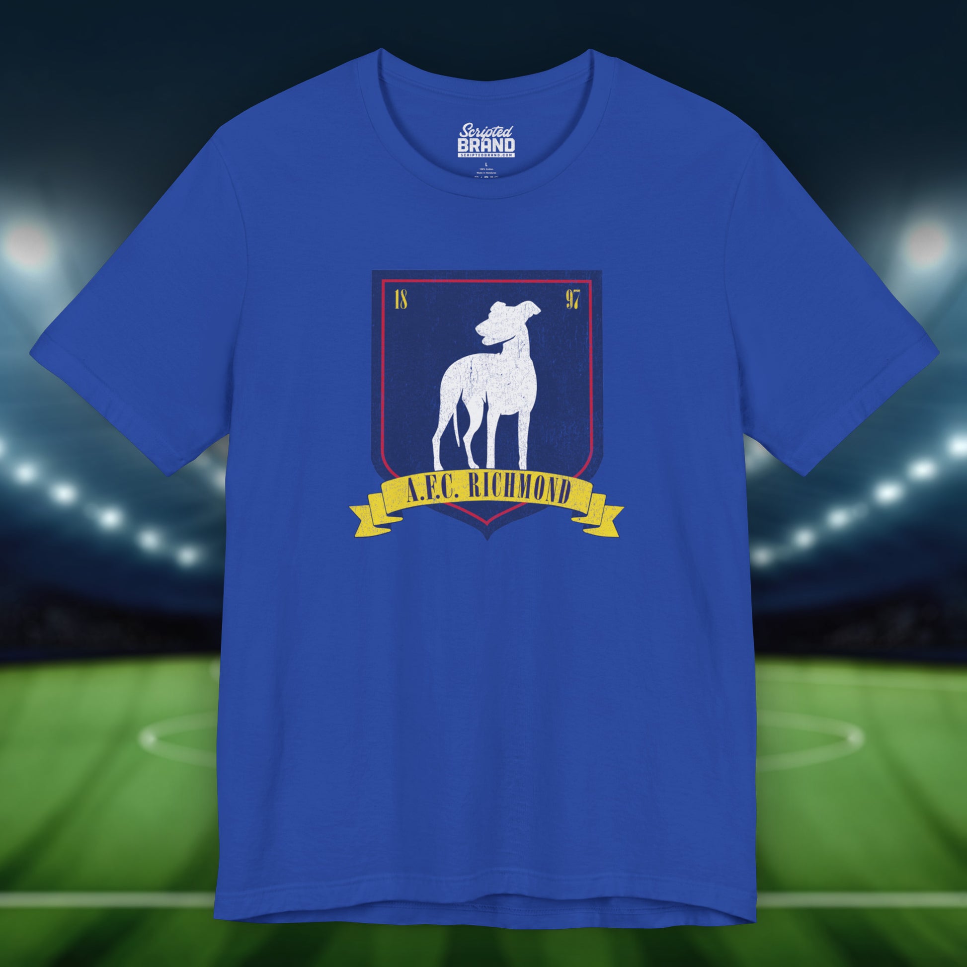 Front view of a royal blue soft Bella+Canvas 3001 short-sleeve t-shirt featuring the logo graphic of the fictional English soccer team AFC Richmond inspired by the TV show Ted Lasso in a vintage distressed style, sold by ScriptedBrand.