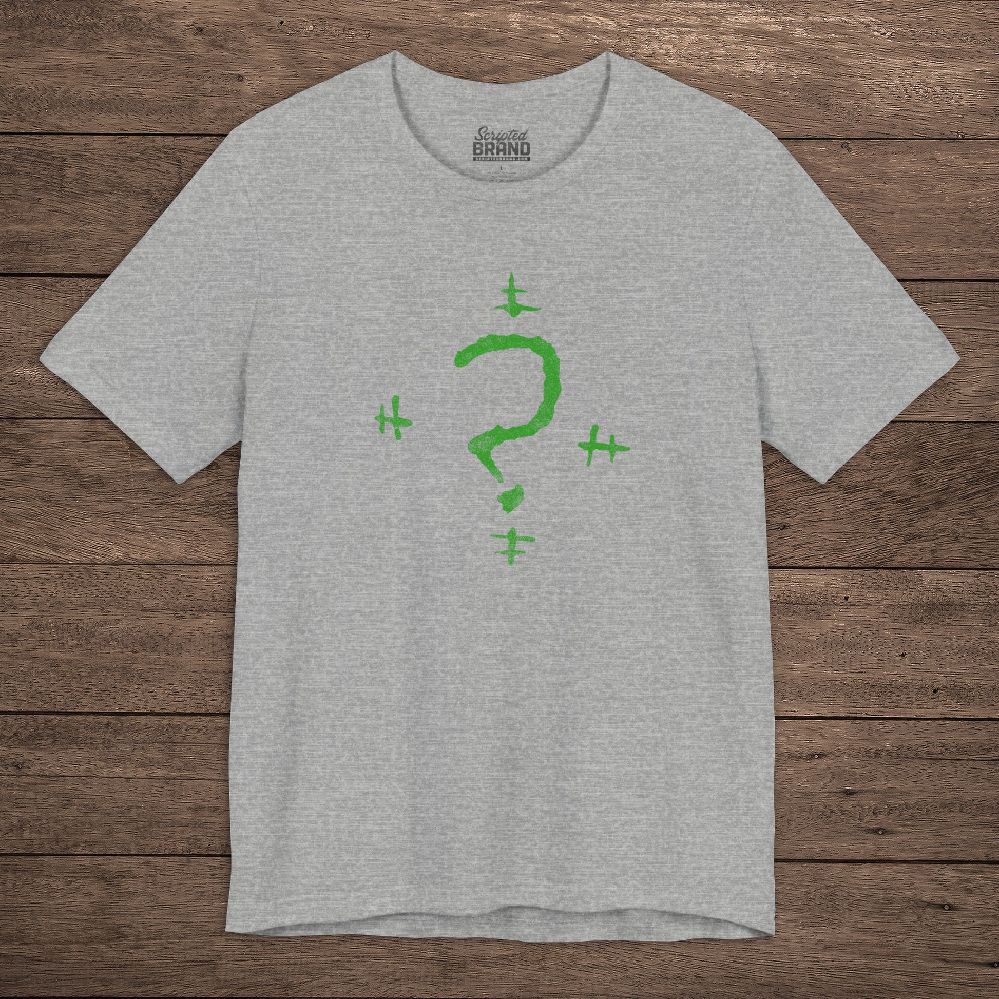 Athletic Heather Gray t-shirt featuring the Riddler Question Mark logo from the movie The Batman in vintage distressed style.