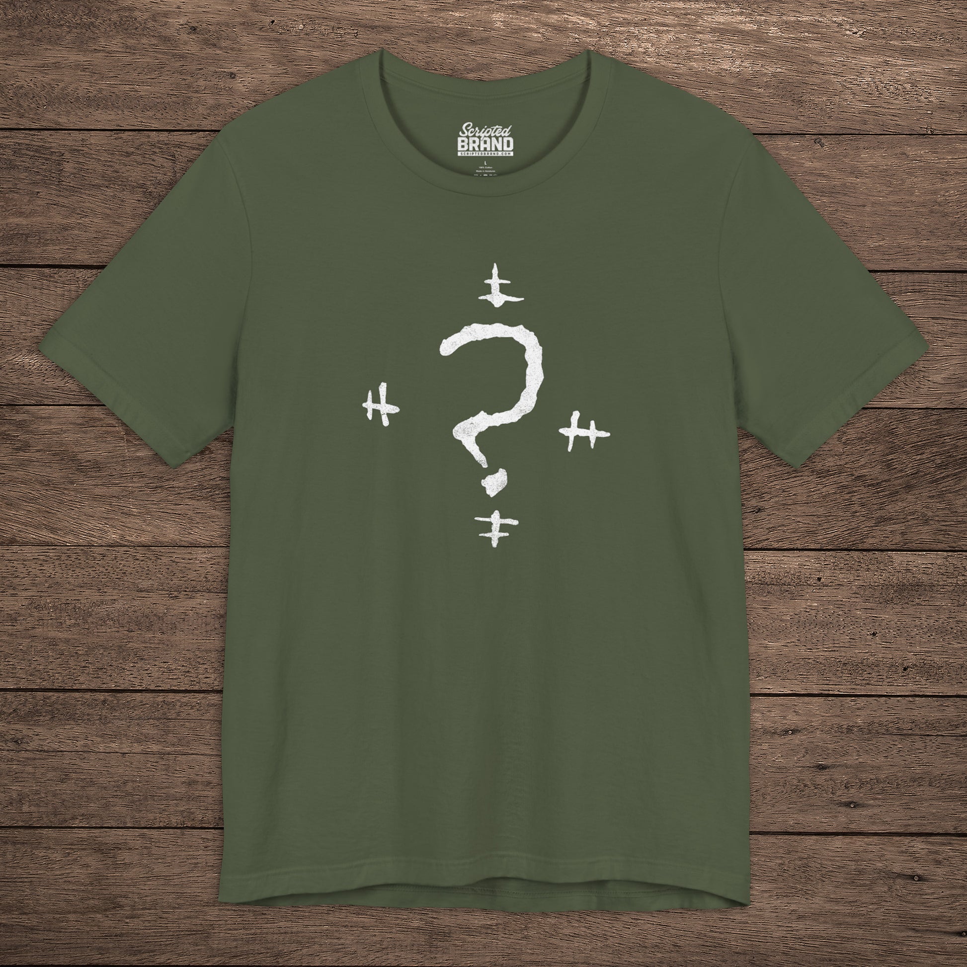 Military Green t-shirt featuring the Riddler Question Mark logo from the movie The Batman in vintage distressed style.