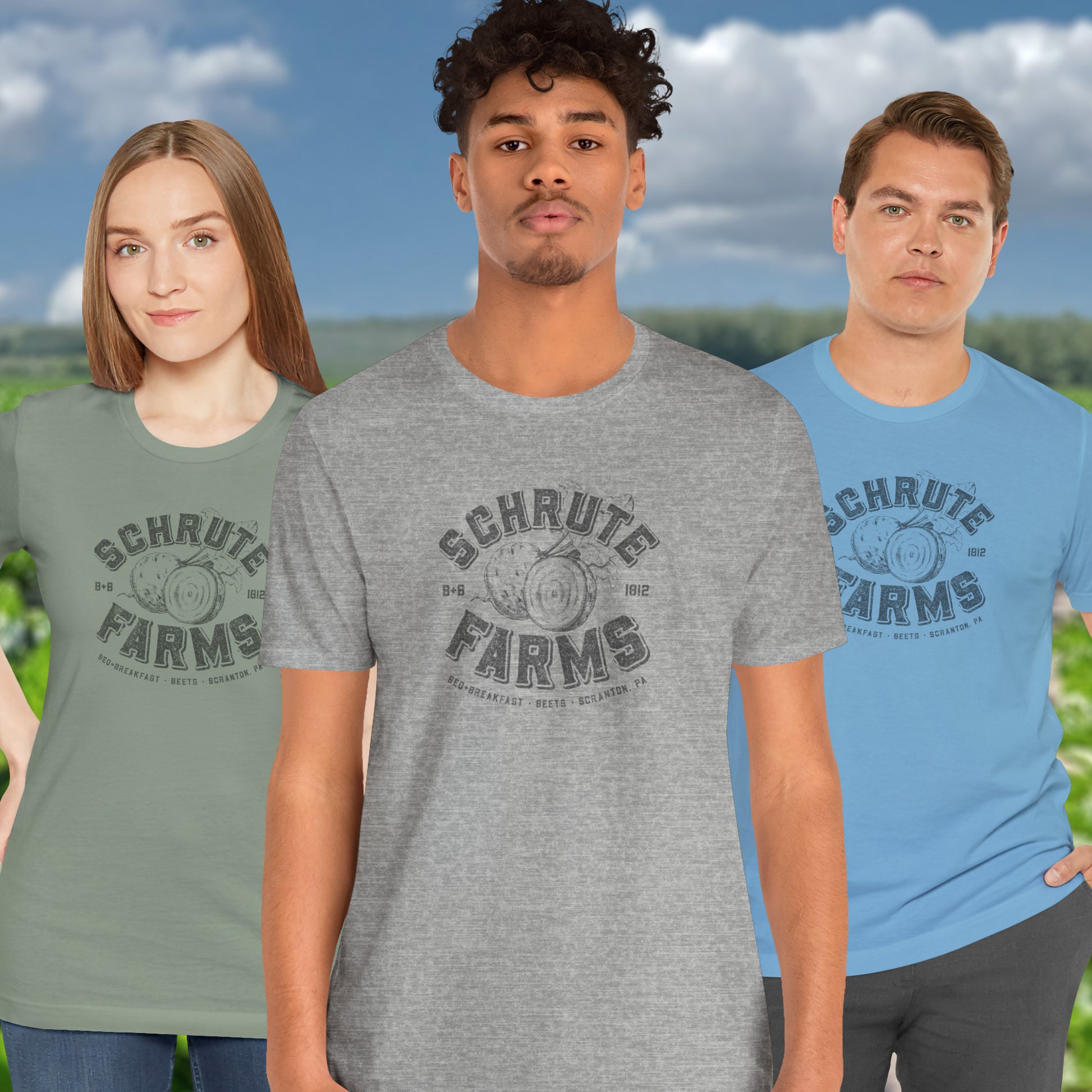 Three people wearing t-shirts featuring a Schrute Farms logo from the TV show The Office designed by ScriptedBrand in a vintage distressed style.