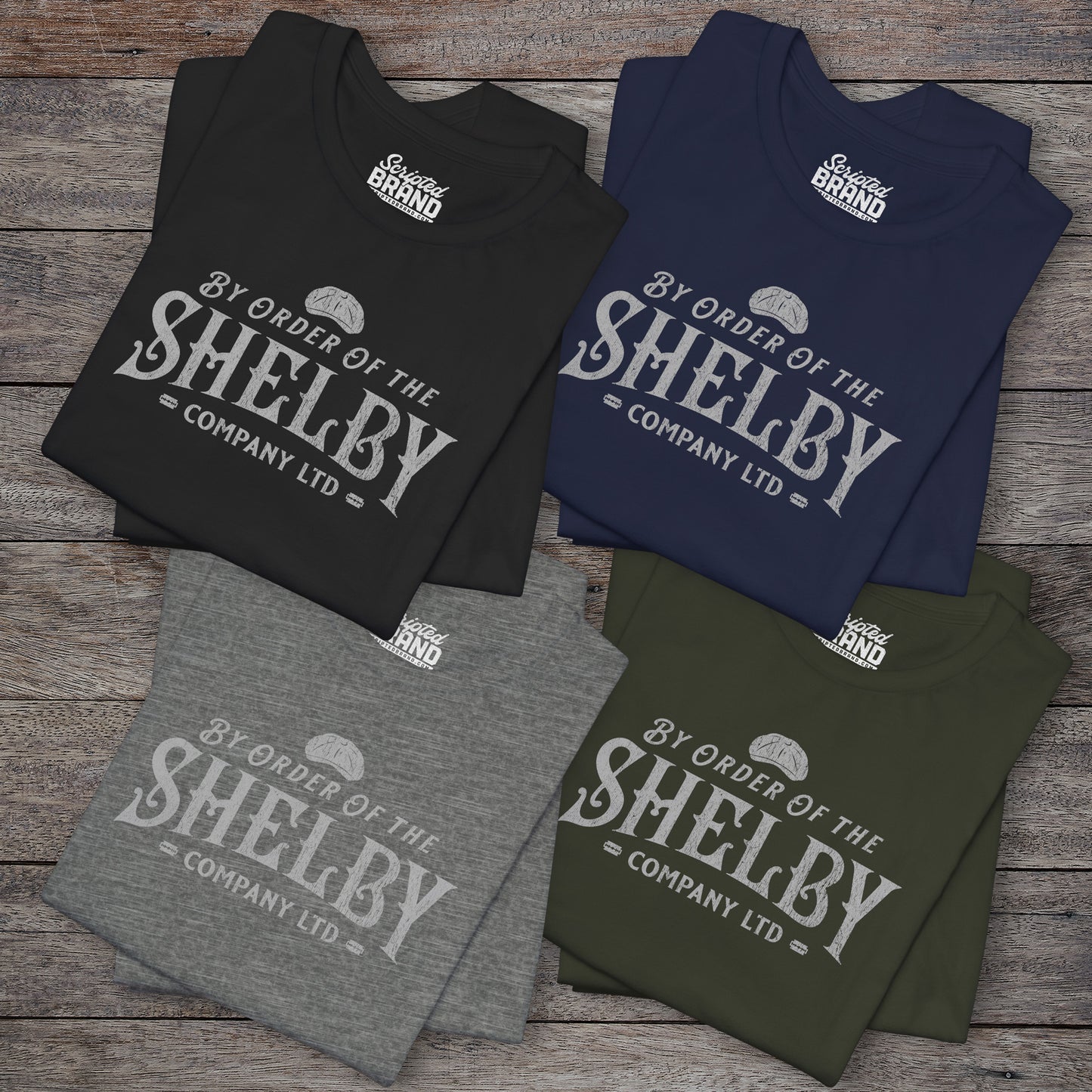 Group of 4 folded soft short-sleeve Bella+Canvas 3001 t-shirts featuring a unique Shelby Company Limited logo graphic from the show Peaky Blinders and movie The Immortal Man, in a vintage distressed style, includes a flat cap and razor blades, designed and sold by ScriptedBrand.
