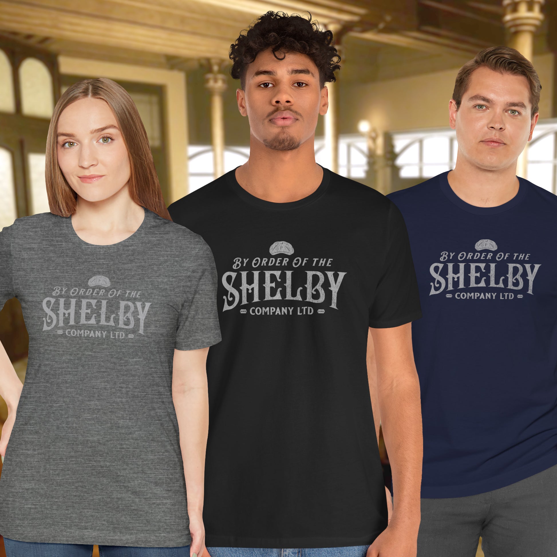 3 models wearing soft short-sleeve Bella+Canvas 3001 t-shirts featuring a unique Shelby Company Limited logo graphic from the show Peaky Blinders and movie The Immortal Man, in a vintage distressed style, includes a flat cap and razor blades, designed and sold by ScriptedBrand.