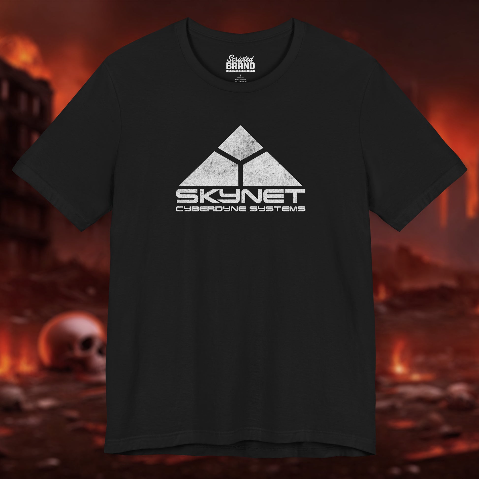 Black t-shirt featuring the fictional logo Skynet Cyberdyne Systems from the movie The Terminator in a vintage distressed style.