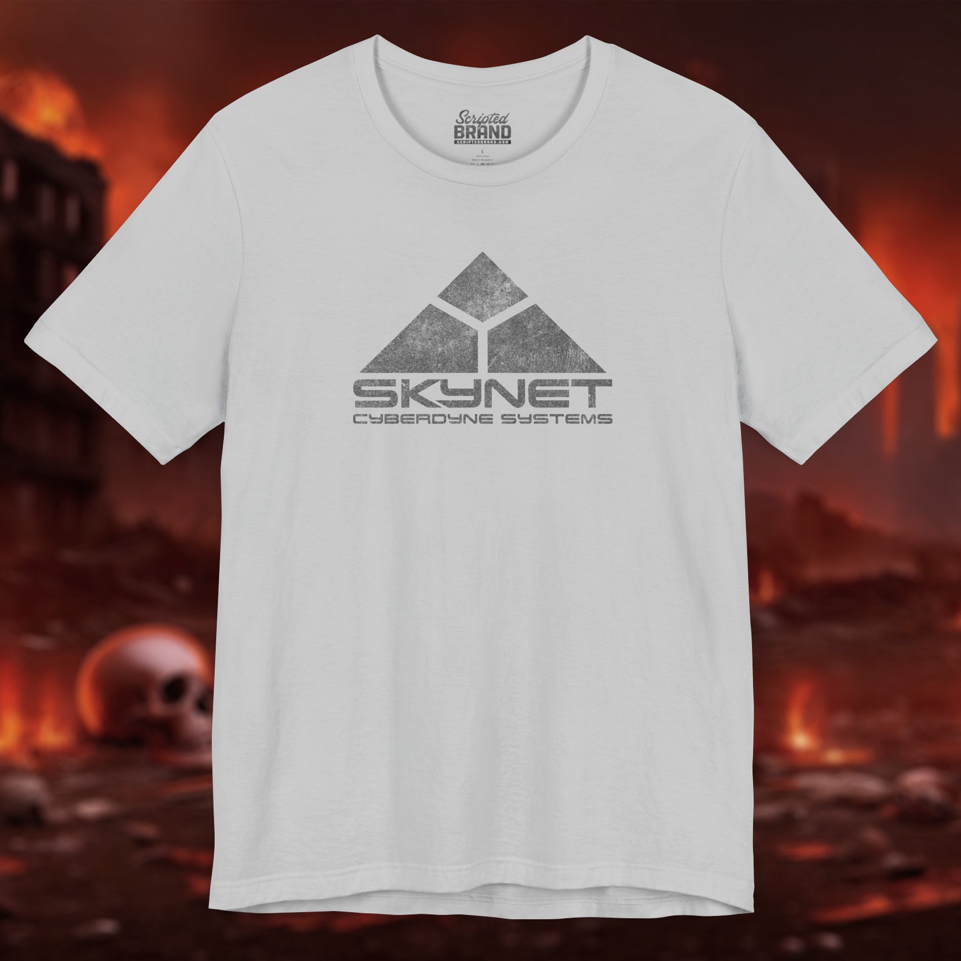 Athletic Gray t-shirt featuring the fictional logo Skynet Cyberdyne Systems from the movie The Terminator in a vintage distressed style.