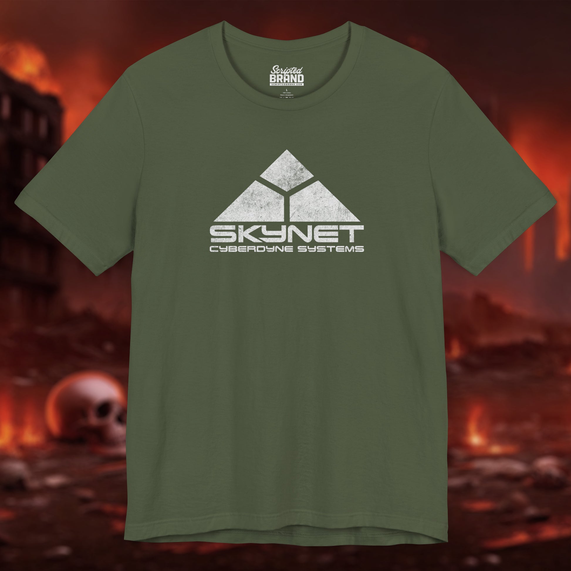 Military Green t-shirt featuring the fictional logo Skynet Cyberdyne Systems from the movie The Terminator in a vintage distressed style.