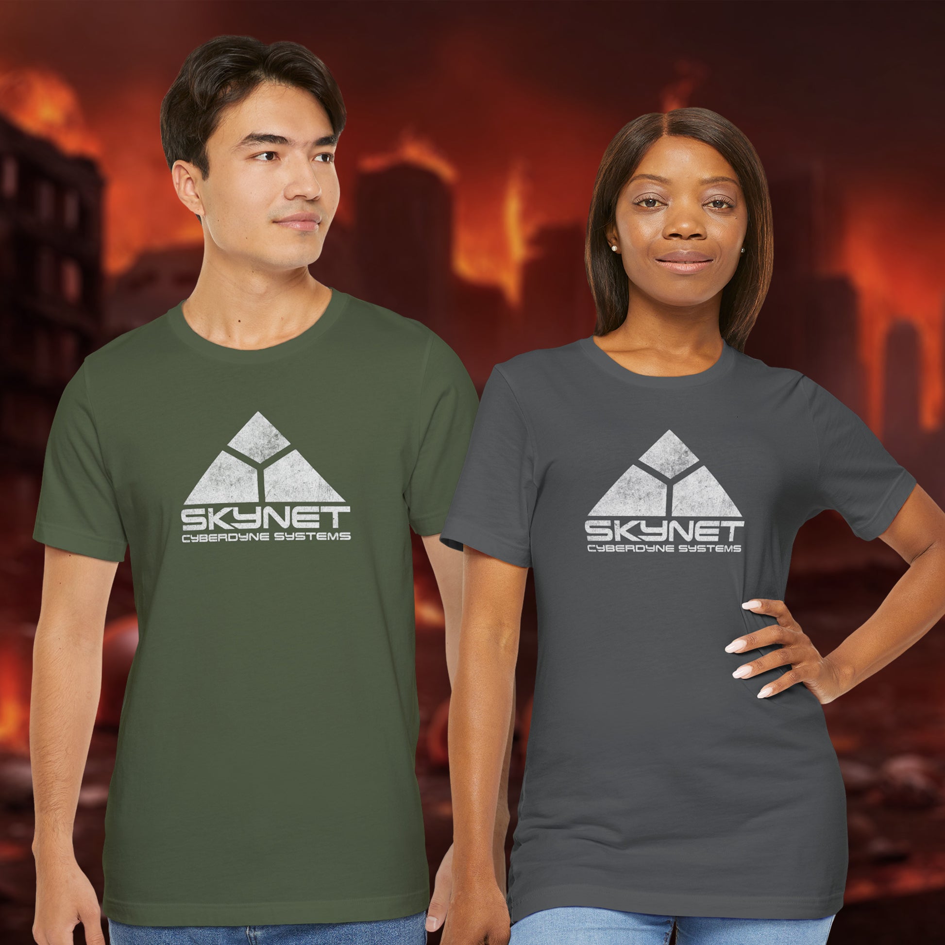 Two people wearing 'Skynet Cybernetic Systems' t-shirts with a dystopian background.
