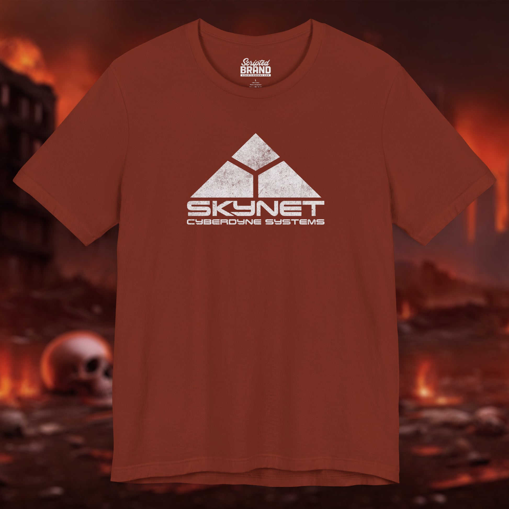 Rust t-shirt featuring the fictional logo Skynet Cyberdyne Systems from the movie The Terminator in a vintage distressed style.