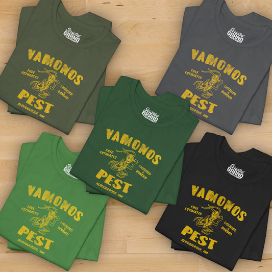 Group of 5 folded soft Bella+Canvas 3001 short-sleeve t-shirts featuring the Vamonos Pest Exterminators logo from the TV show Breaking Bad in a vintage distressed style, sold by ScriptedBrand.