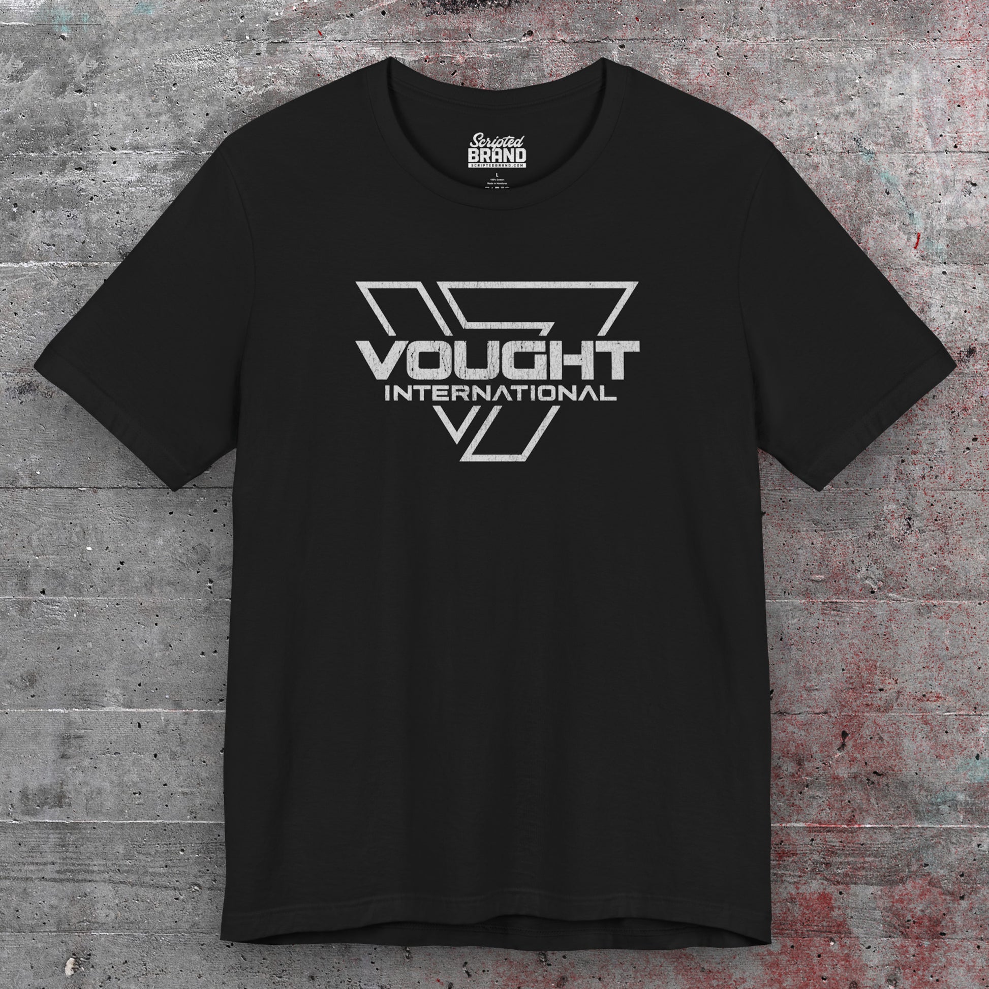 Front view of a black soft Bella+Canvas 3001 short-sleeve t-shirt featuring the logo graphic of the fictional company Vought International inspired by the TV show The Boys in a vintage distressed style, sold by ScriptedBrand.