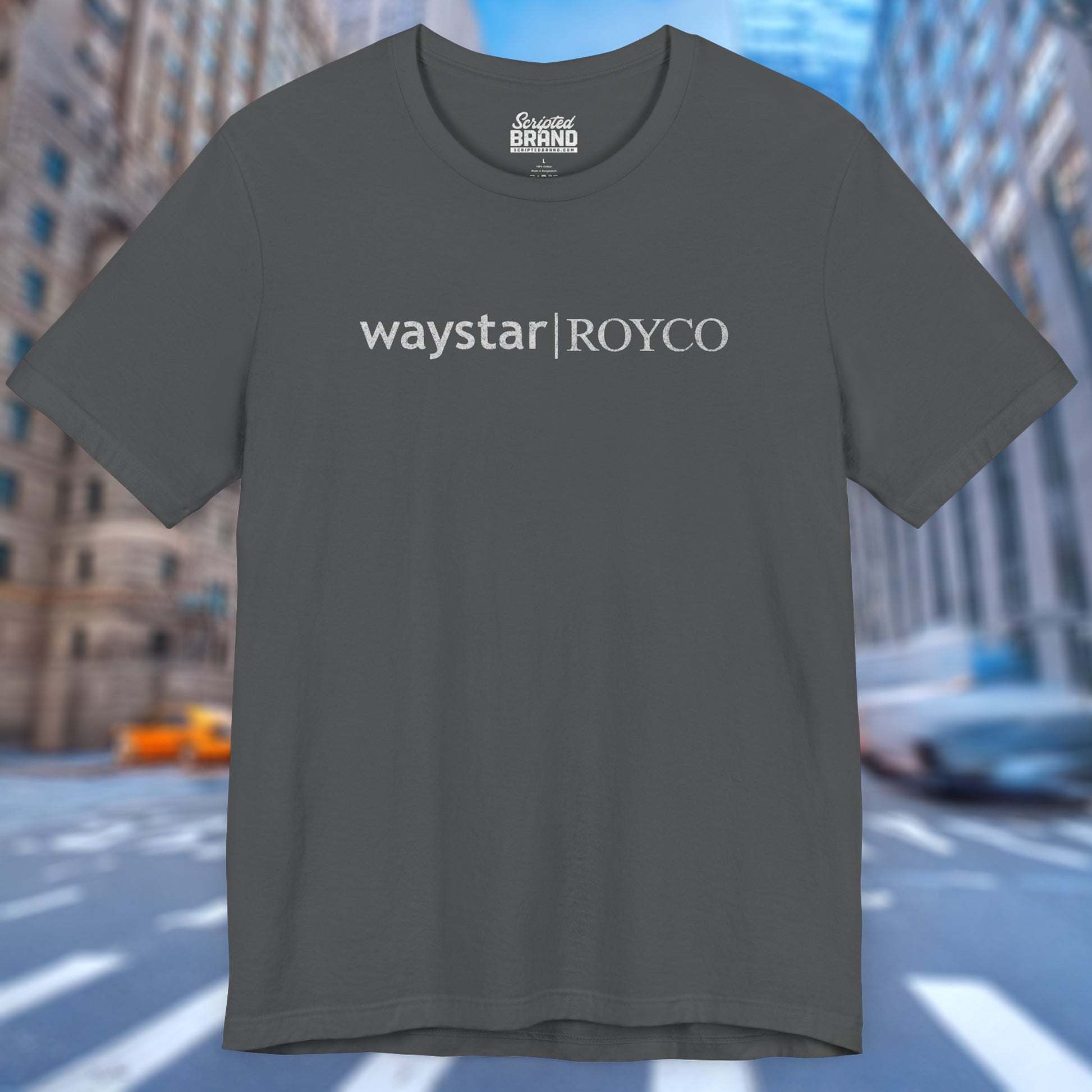 Front view of an asphalt grey colored soft Bella+Canvas 3001 short-sleeve t-shirt featuring the Waystar Royco logo from the TV show Succession in a vintage distressed style, sold by ScriptedBrand.