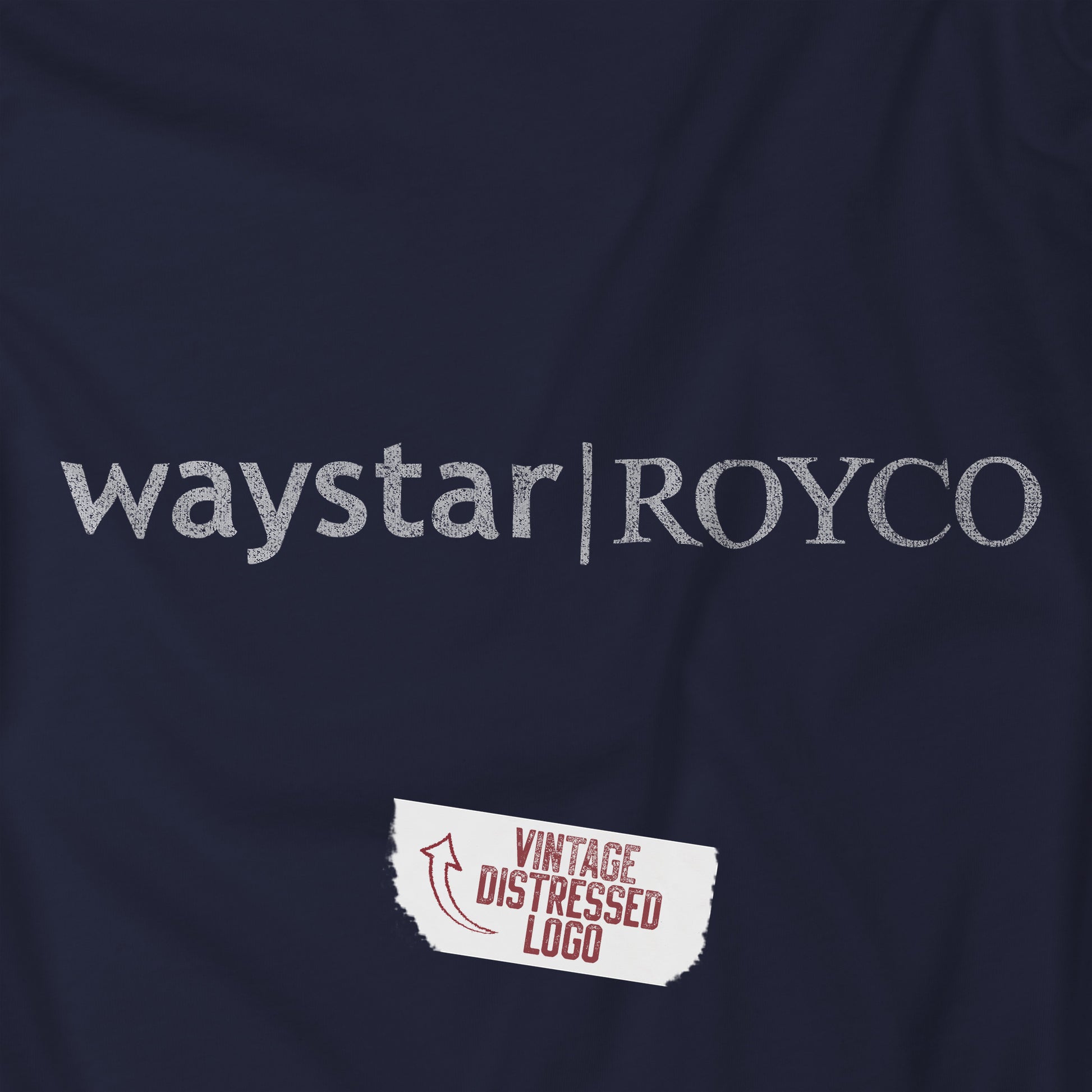 Closeup view of a navy blue colored soft Bella+Canvas 3001 short-sleeve t-shirt featuring the Waystar Royco logo from the TV show Succession in a vintage distressed style, sold by ScriptedBrand.