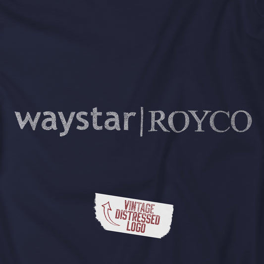 Closeup view of a navy blue colored soft Bella+Canvas 3001 short-sleeve t-shirt featuring the Waystar Royco logo from the TV show Succession in a vintage distressed style, sold by ScriptedBrand.