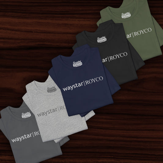 Group of 5 folded soft Bella+Canvas 3001 short-sleeve t-shirts featuring the Waystar Royco logo from the TV show Succession in a vintage distressed style, sold by ScriptedBrand.