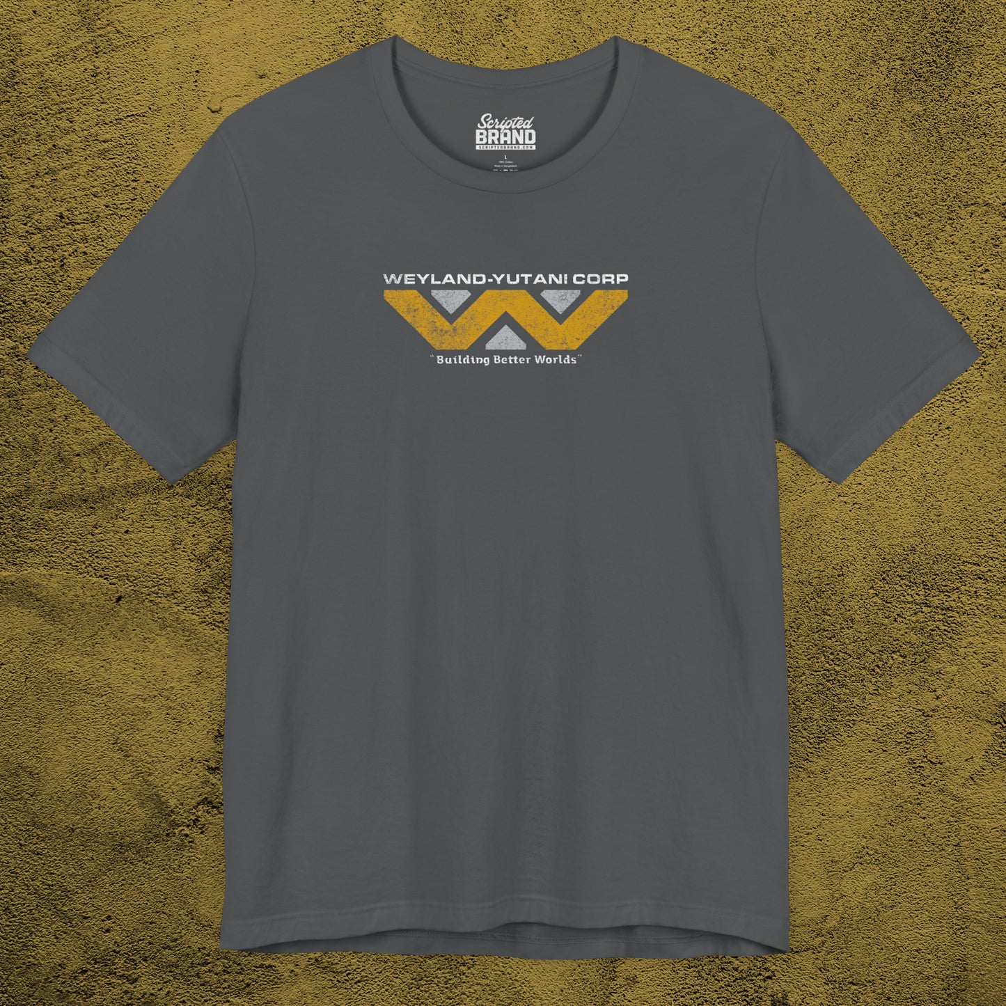 Front view of an asphalt grey colored soft Bella+Canvas 3001 short-sleeve t-shirt tee featuring the Weyland-Yutani logo from the movie Alien and Aliens franchise in a vintage distressed style, sold by ScriptedBrand.