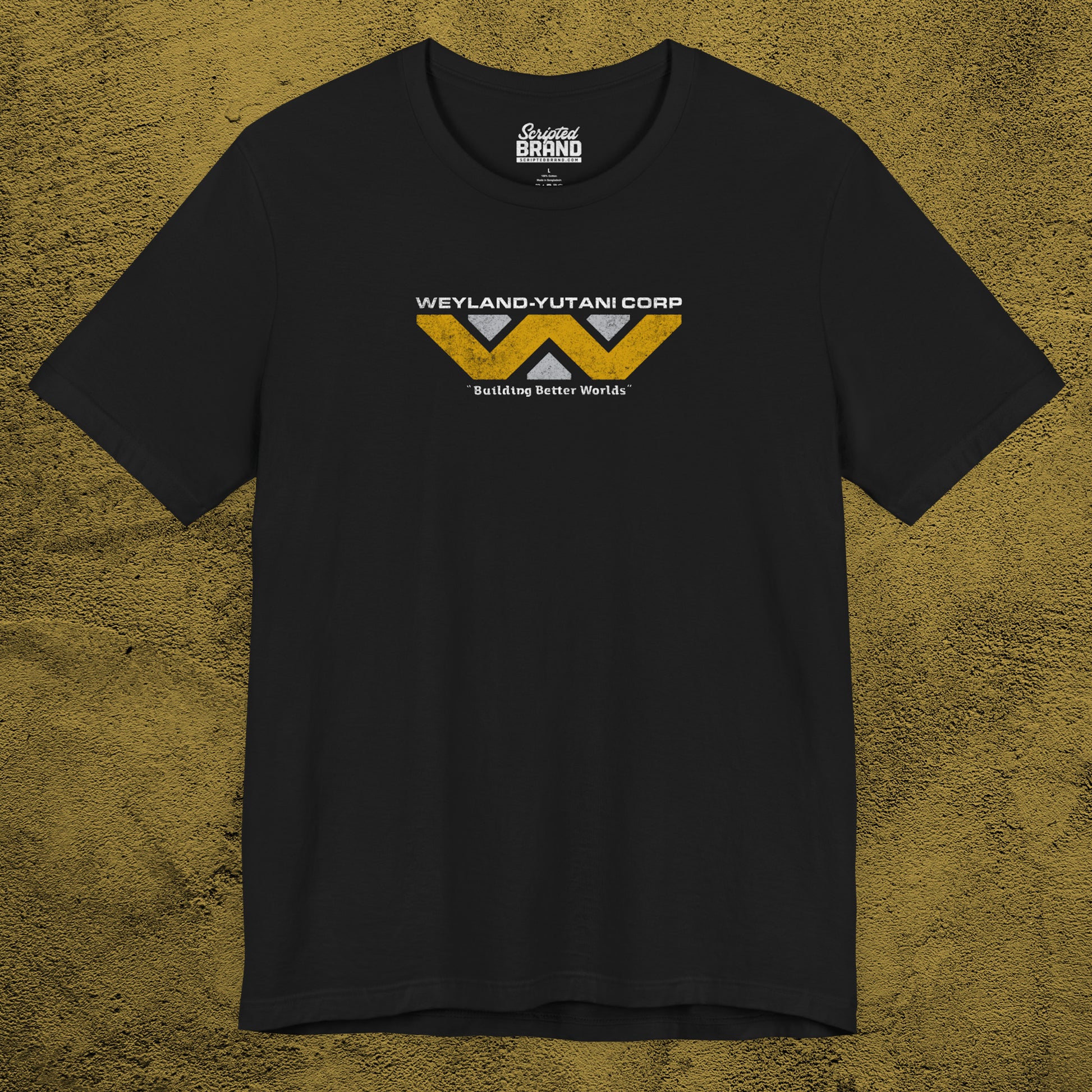 Front view of a black colored soft Bella+Canvas 3001 short-sleeve t-shirt tee featuring the Weyland-Yutani logo from the movie Alien and Aliens franchise in a vintage distressed style, sold by ScriptedBrand.