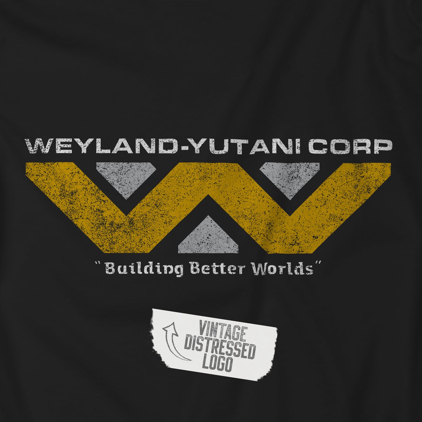 Closeup view of a black colored soft Bella+Canvas 3001 short-sleeve t-shirt tee featuring the Weyland-Yutani logo from the movie Alien and Aliens franchise in a vintage distressed style, sold by ScriptedBrand.