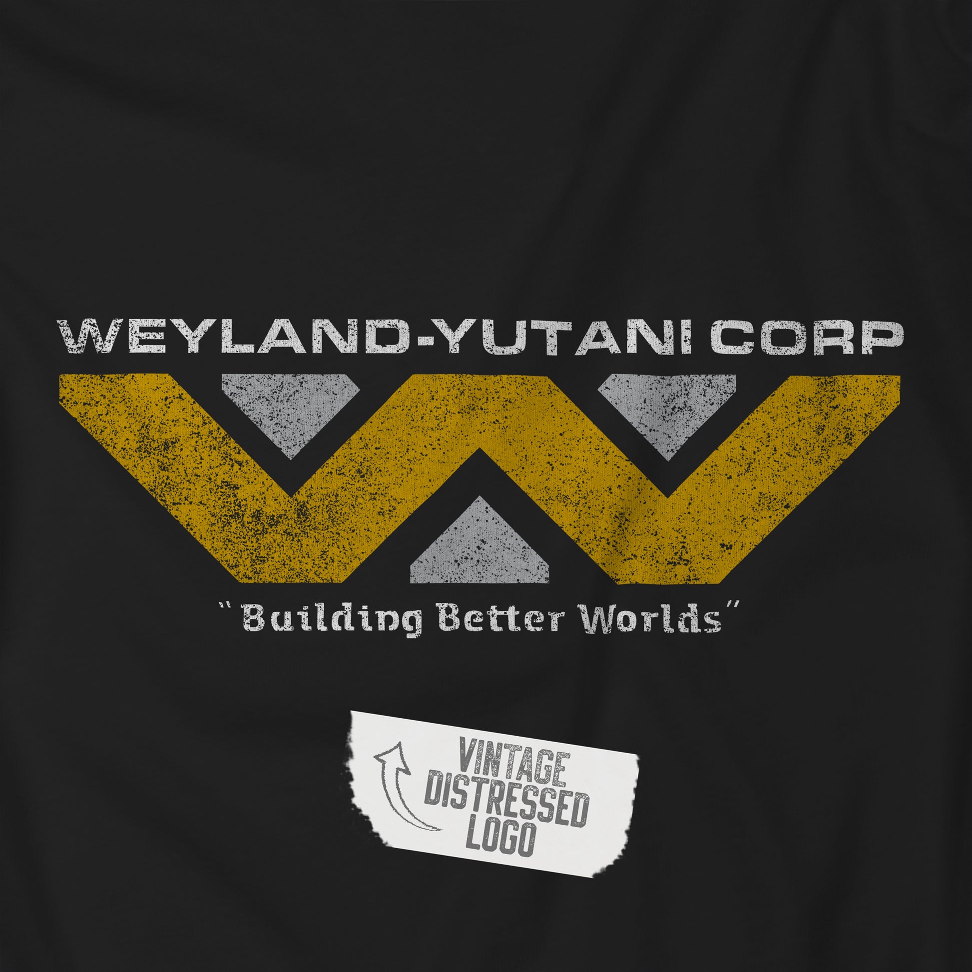 Closeup view of a black colored soft Bella+Canvas 3001 short-sleeve t-shirt tee featuring the Weyland-Yutani logo from the movie Alien and Aliens franchise in a vintage distressed style, sold by ScriptedBrand.
