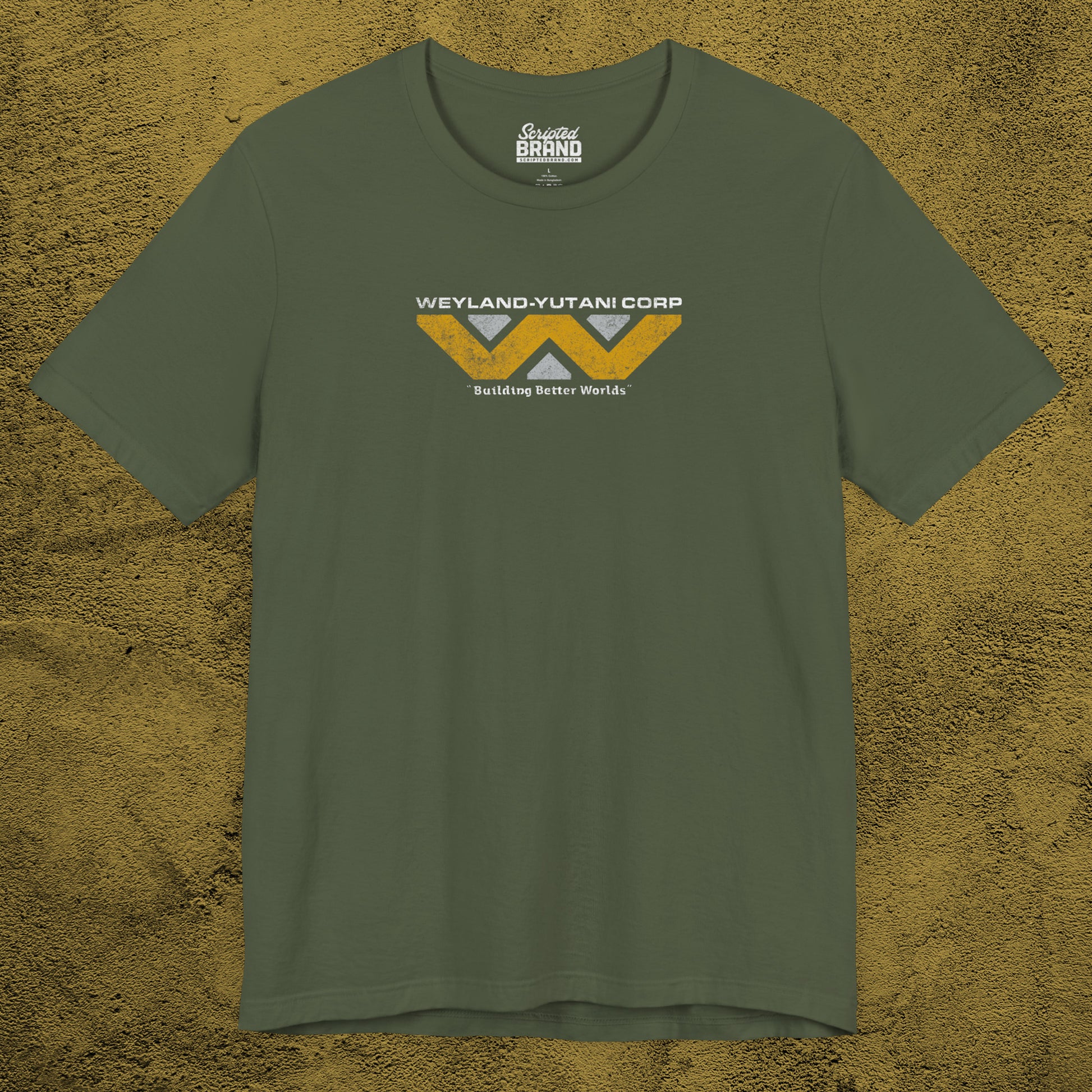 Front view of a military green colored soft Bella+Canvas 3001 short-sleeve t-shirt tee featuring the Weyland-Yutani logo from the movie Alien and Aliens franchise in a vintage distressed style, sold by ScriptedBrand.