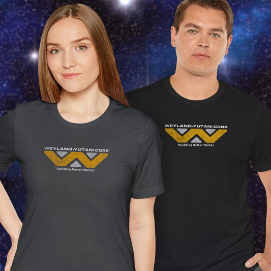 2 models wearing gray and black colored soft Bella+Canvas 3001 short-sleeve tee t-shirts featuring the Weyland-Yutani logo from the movie Alien and Aliens franchise in a vintage distressed style, sold by ScriptedBrand.