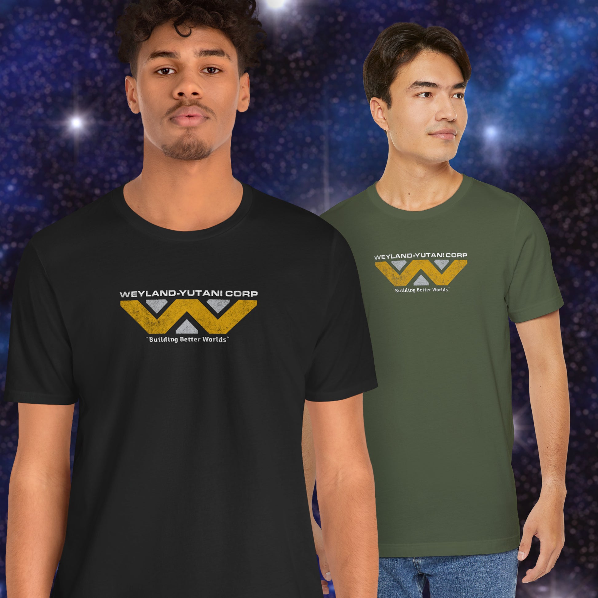 2 male models wearing black and military green colored soft Bella+Canvas 3001 short-sleeve tee t-shirts featuring the Weyland-Yutani logo from the movie Alien and Aliens franchise in a vintage distressed style, sold by ScriptedBrand.