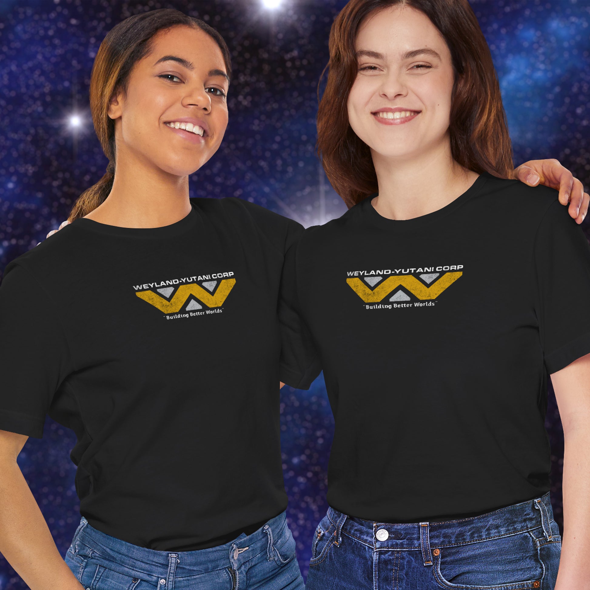 2 female models wearing black colored soft Bella+Canvas 3001 short-sleeve tee t-shirts featuring the Weyland-Yutani logo from the movie Alien and Aliens franchise in a vintage distressed style, sold by ScriptedBrand.
