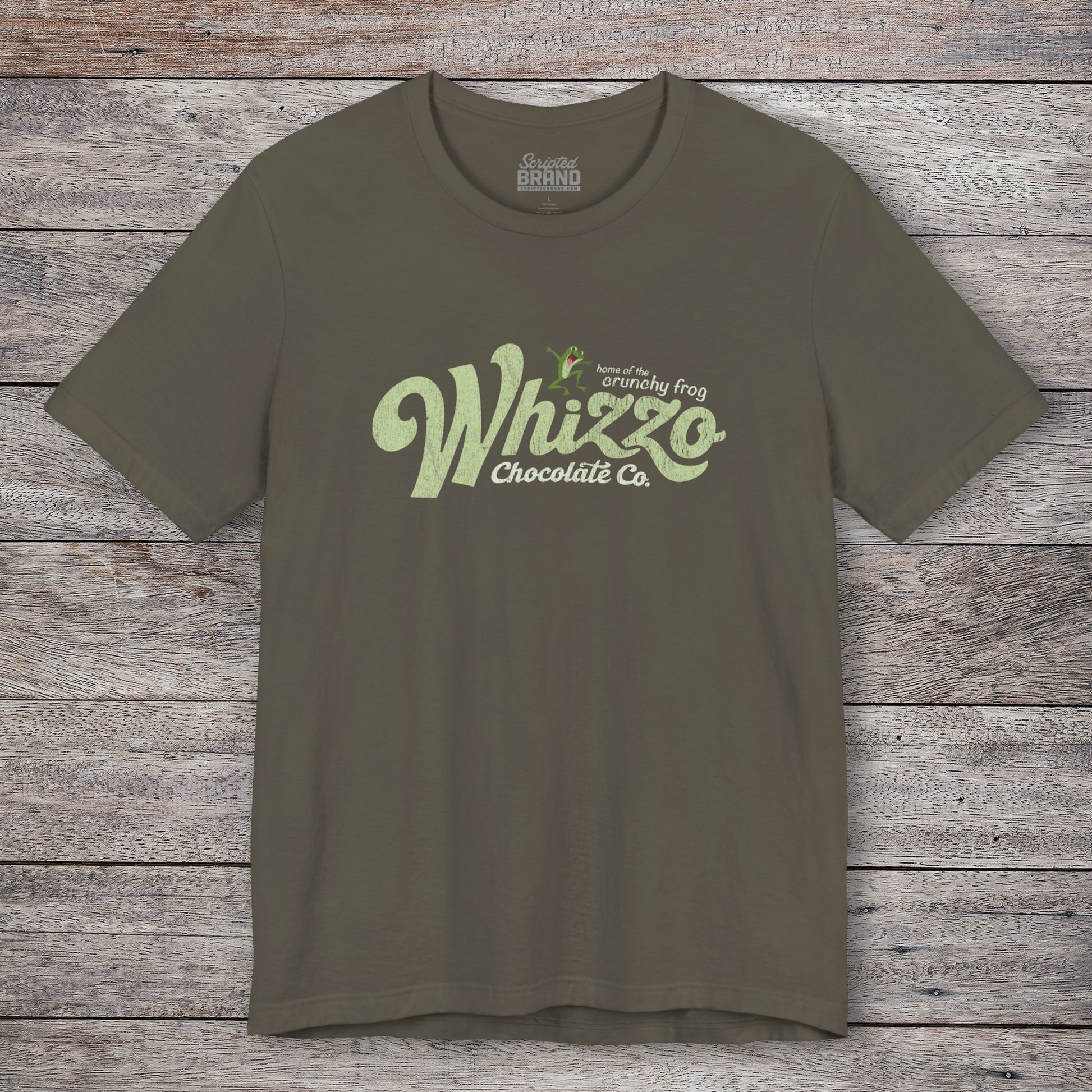 Army Green t-shirt with vintage Whizzo Chocolate Co. logo, inspired by Monty Python, featuring “home of the crunchy frog” graphic.