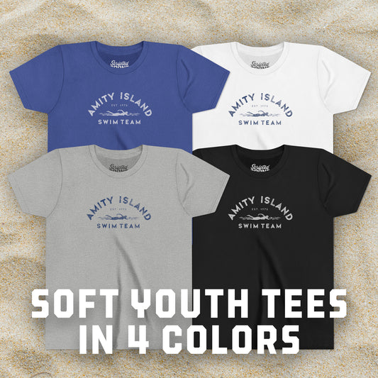 Group of 4 Soft unisex Youth Sizes Bella+Canvas 3001Y short-sleeve t-shirts featuring an Amity Island Swim Team logo graphic, designed by ScriptedBrand, and  inspired by the movie Jaws in a vintage distressed style.
