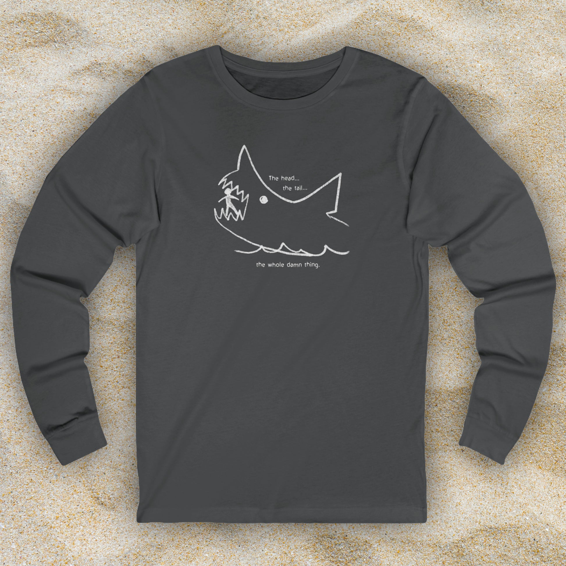 Front view of Asphalt grey long-sleeve Bella+Canvas 3501 t-shirt with the chalkboard drawing by Quint in the movie Jaws.