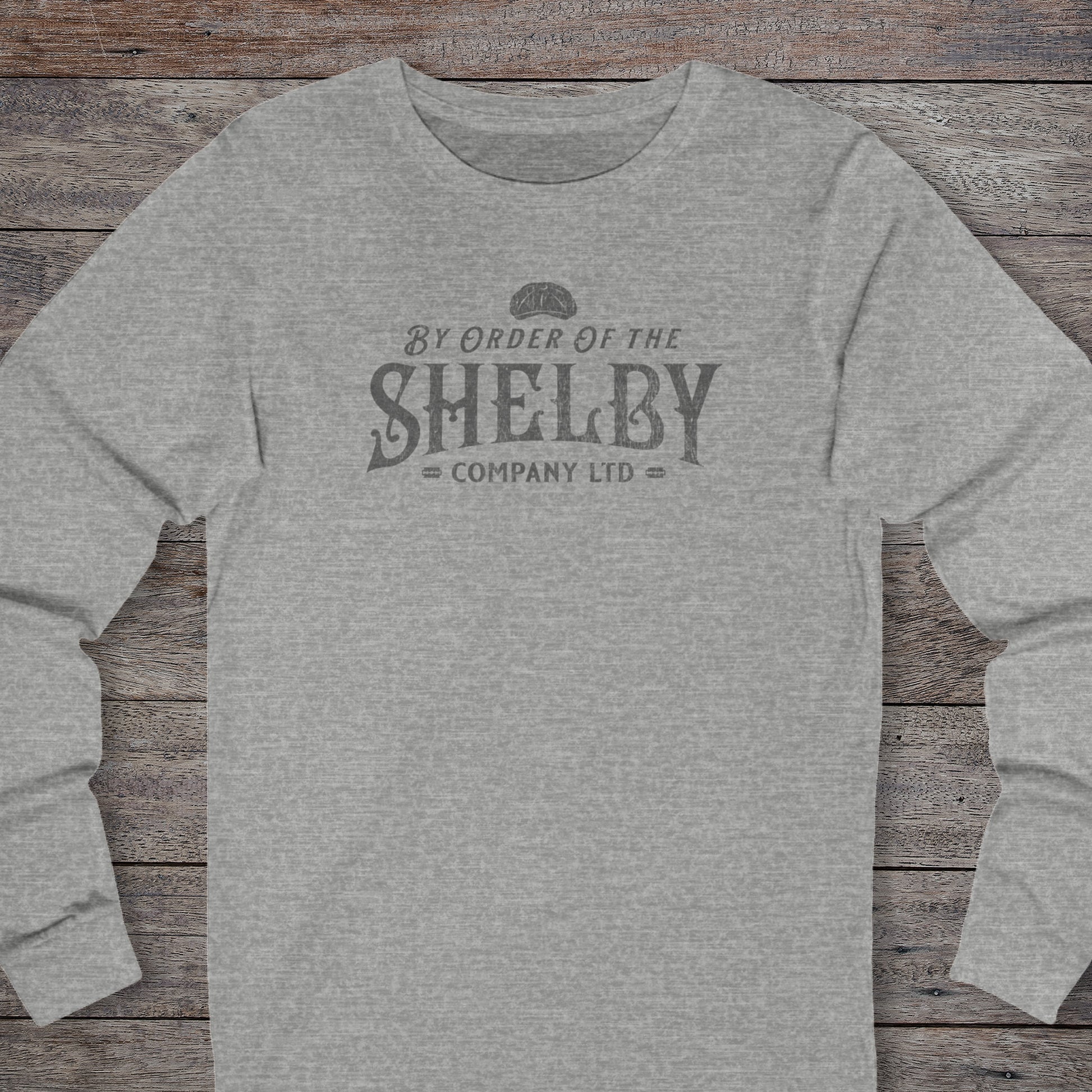 Front view of an athletic heather grey Shelby Company Ltd long-sleeve tee with vintage logo from Peaky Blinders.