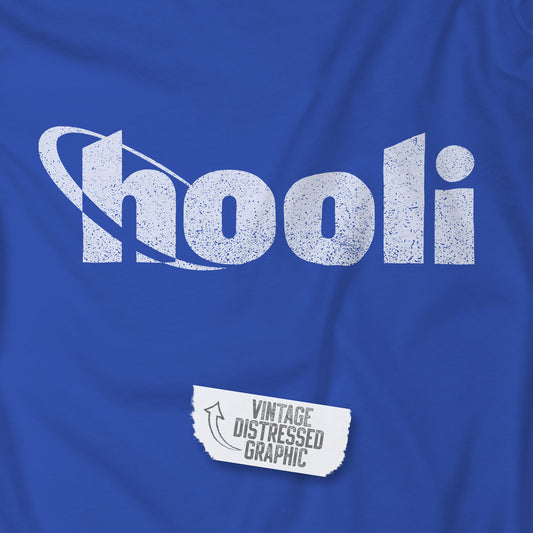 Closeup of a Royal blue t-shirt featuring the Hooli logo from the show Silicon Valley in a vintage distressed style.