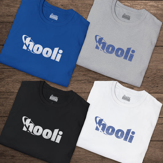 Four folded t-shirts featuring the Hooli logo from the show Silicon Valley in a vintage distressed style.