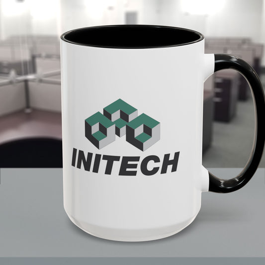 White Ceramic Accent Mug with black handle/interior featuring the fictional Initech logo from the movie Office Space printed on both sides, sold by ScriptedBrand.