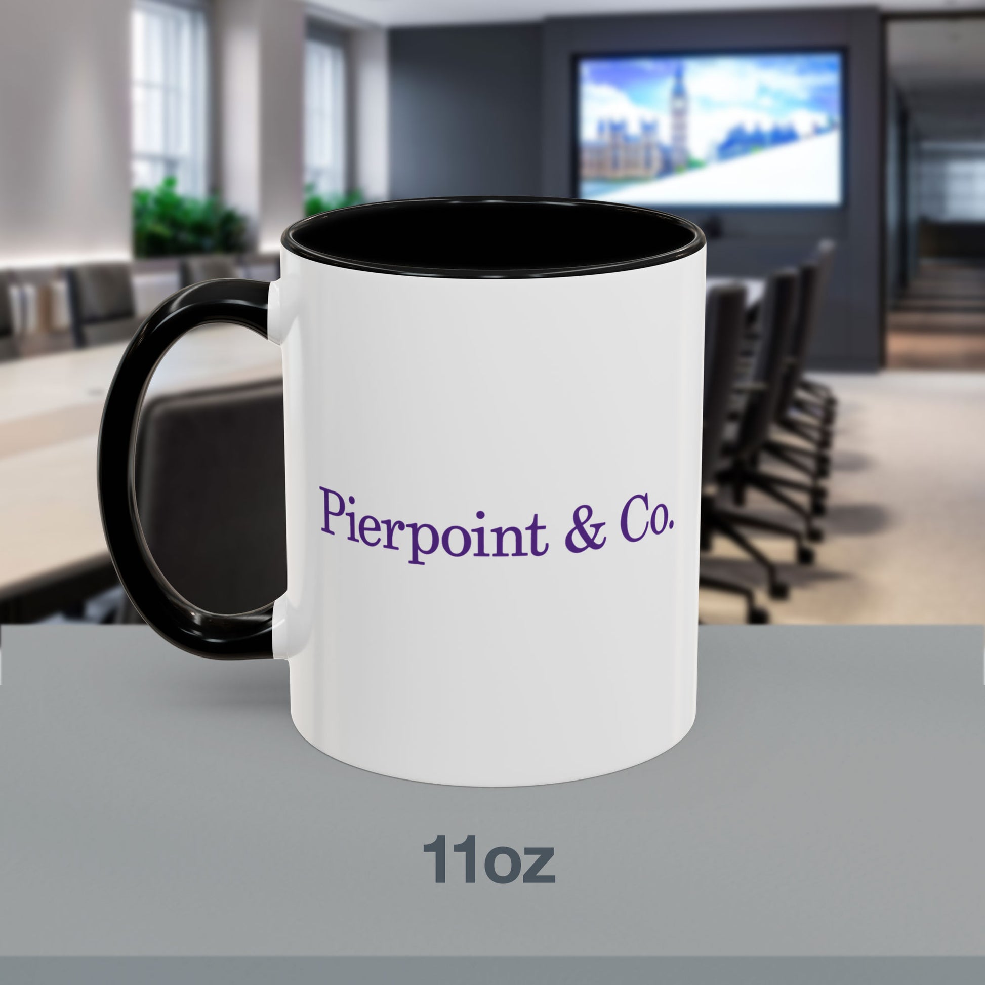 Front view of a 11 oz White Ceramic Mug with black handle/interior featuring the purple Pierpoint & Co logo from the HBO TV show Industry printed on both sides, sold by ScriptedBrand.