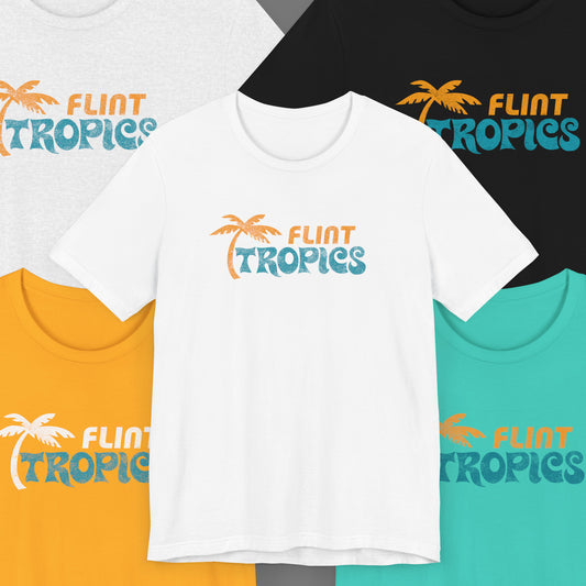 Group of 5 soft Bella+Canvas 3001 short-sleeve t-shirts featuring the Flint Tropics logo from the movie Semi-Pro, in a vintage distressed style, sold by ScriptedBrand.
