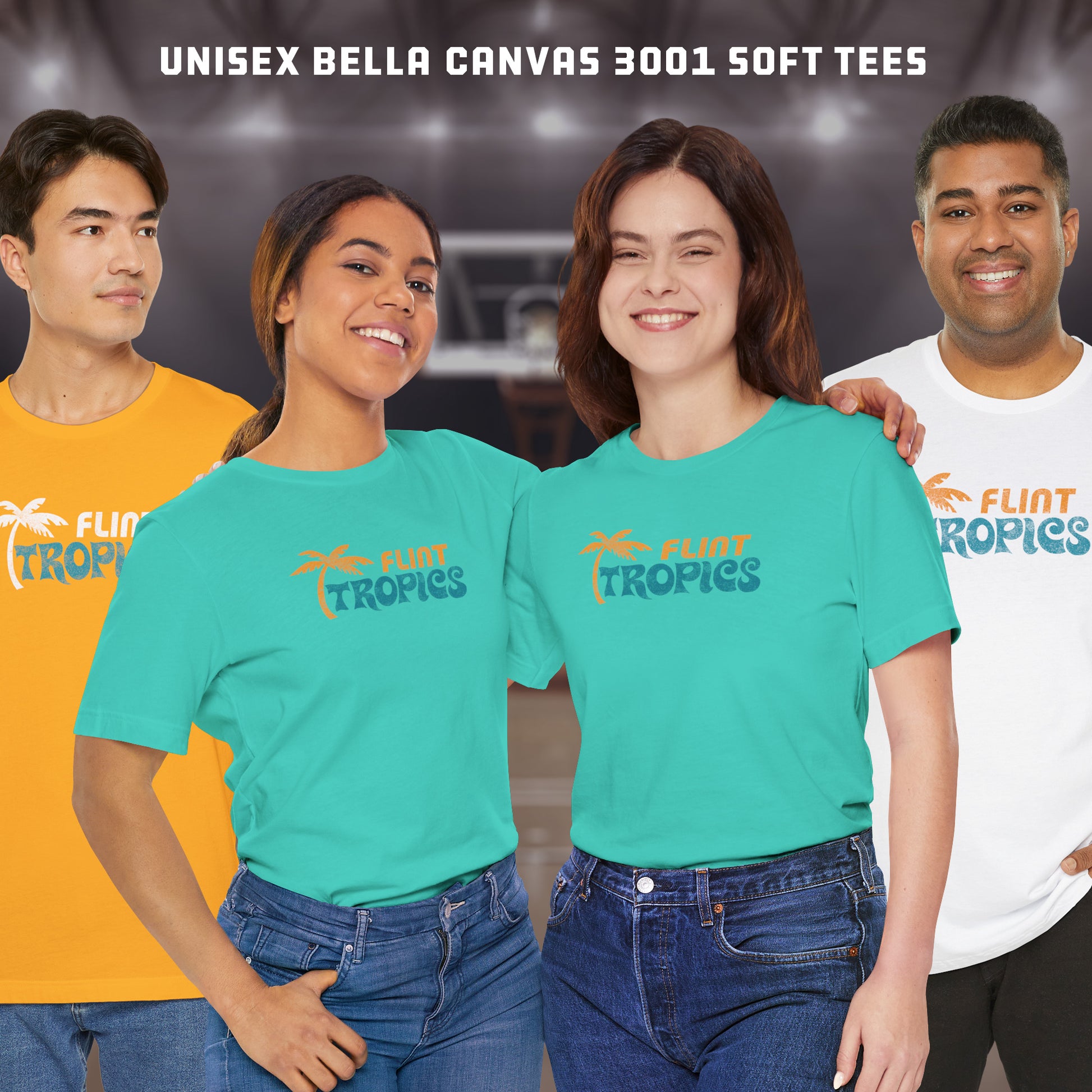 4 models wearing soft Bella+Canvas 3001 short-sleeve t-shirts featuring the Flint Tropics logo from the movie Semi-Pro, in a vintage distressed style, sold by ScriptedBrand.