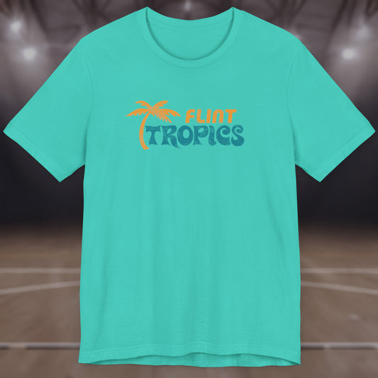 Front view of a teal colored soft Bella+Canvas 3001 short-sleeve t-shirt tee featuring the Flint Tropics logo from the movie Semi-Pro, in a vintage distressed style, sold by ScriptedBrand.