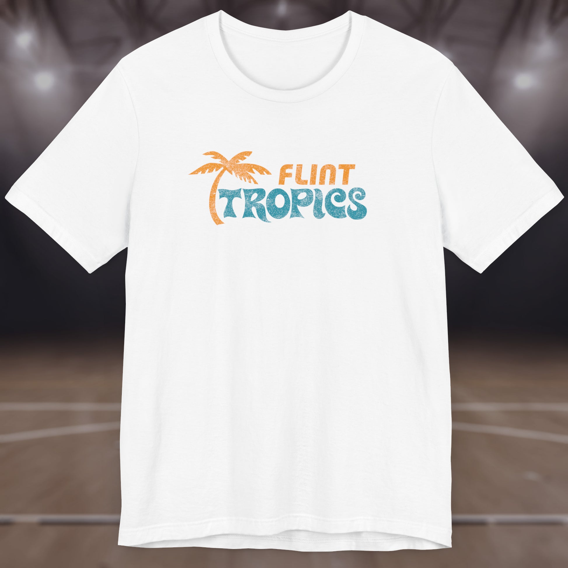 Front view of a white colored soft Bella+Canvas 3001 short-sleeve t-shirt tee featuring the Flint Tropics logo from the movie Semi-Pro, in a vintage distressed style, sold by ScriptedBrand.