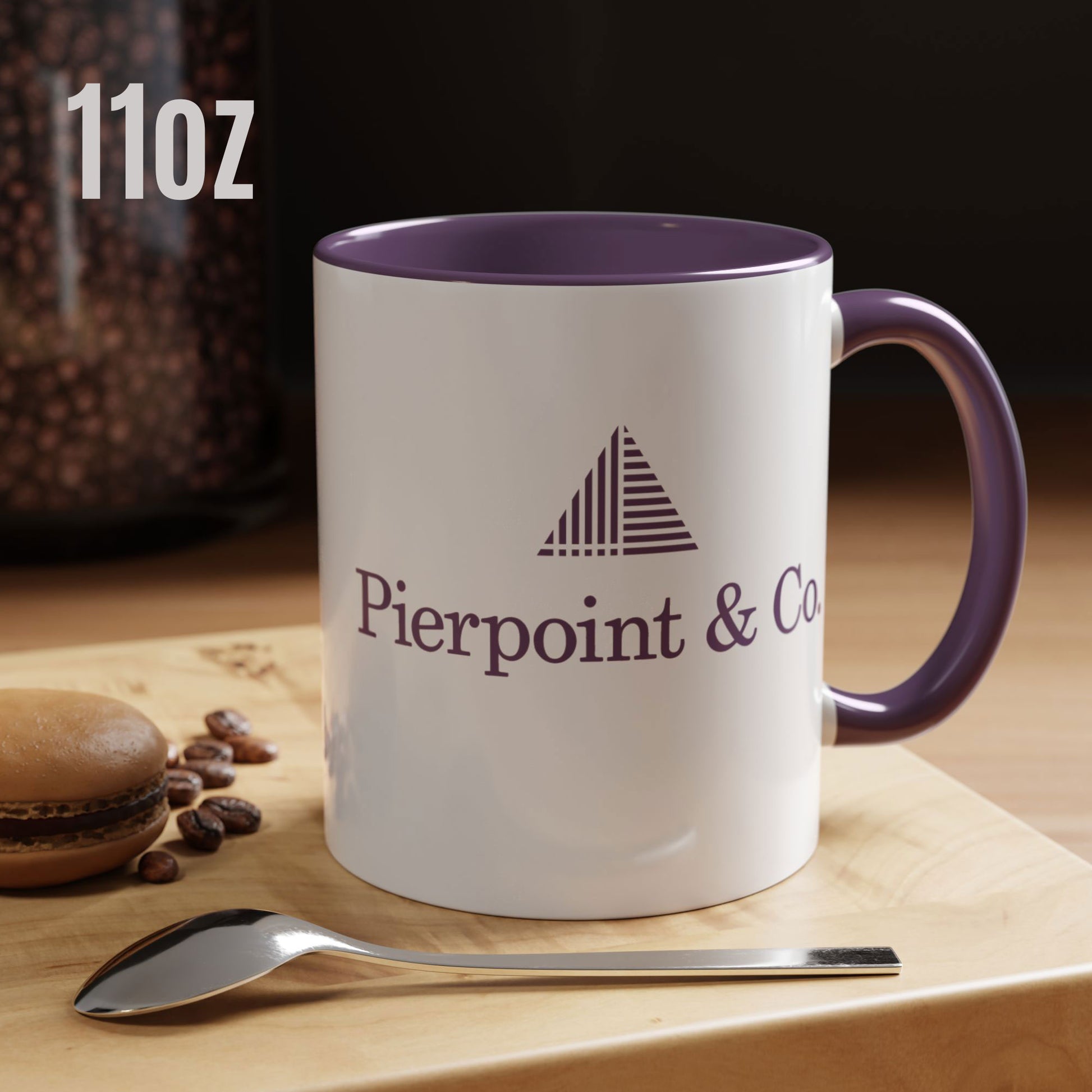 Kitchen view of 11 oz white ceramic mug with purple Pierpoint & Co. logo, handle, and interior inspired by the HBO series Industry.