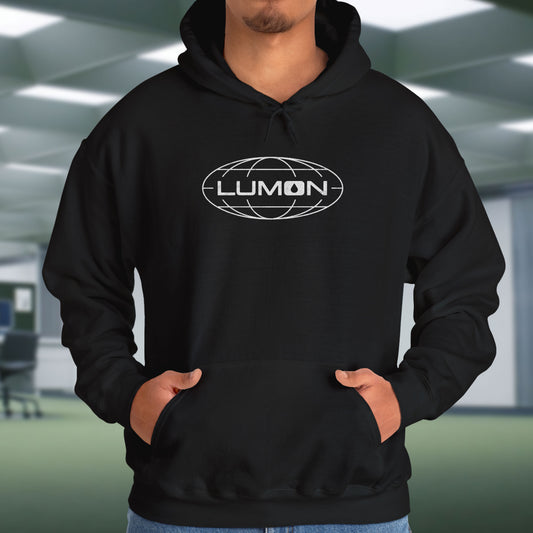 Male Model wearing a black colored Soft Unisex Heavy Blend Hooded Sweatshirt featuring the fictional Lumon Industries logo from the Apple TV show Severance.
