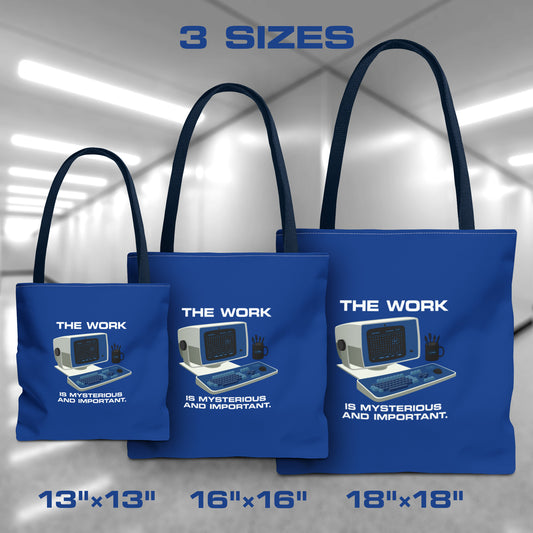 Group of Blue Tote Bags featuring the retro computer workstation from the Apple TV show Severance, and includes the text The Work is Mysterious and Important. Graphic is designed and illustrated by ScriptedBrand, and is available in 3 sizes.