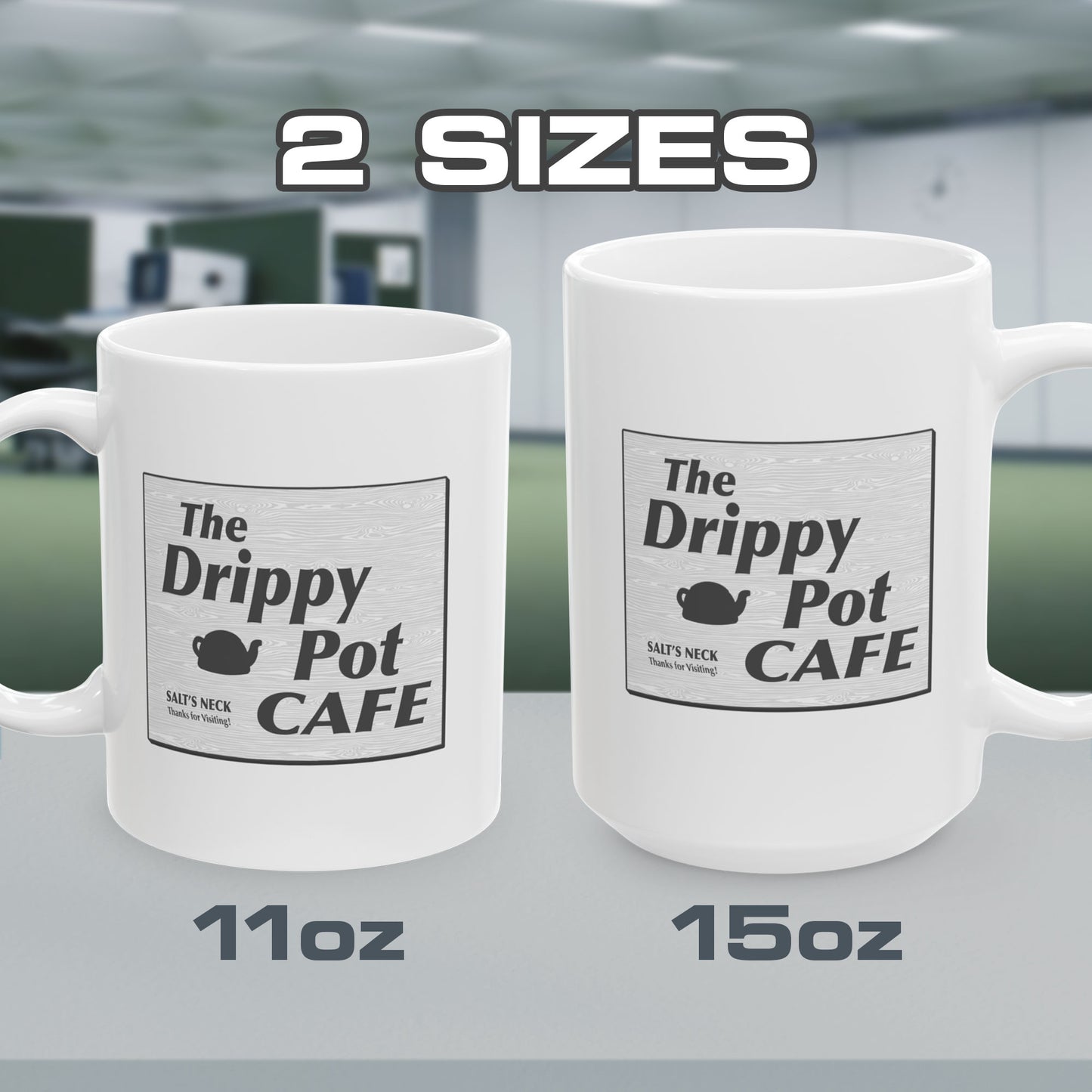 11 and 15 oz White Ceramic Mugs with the Drippy Pot Cafe logo graphic from the TV show Severance printed on both sides.