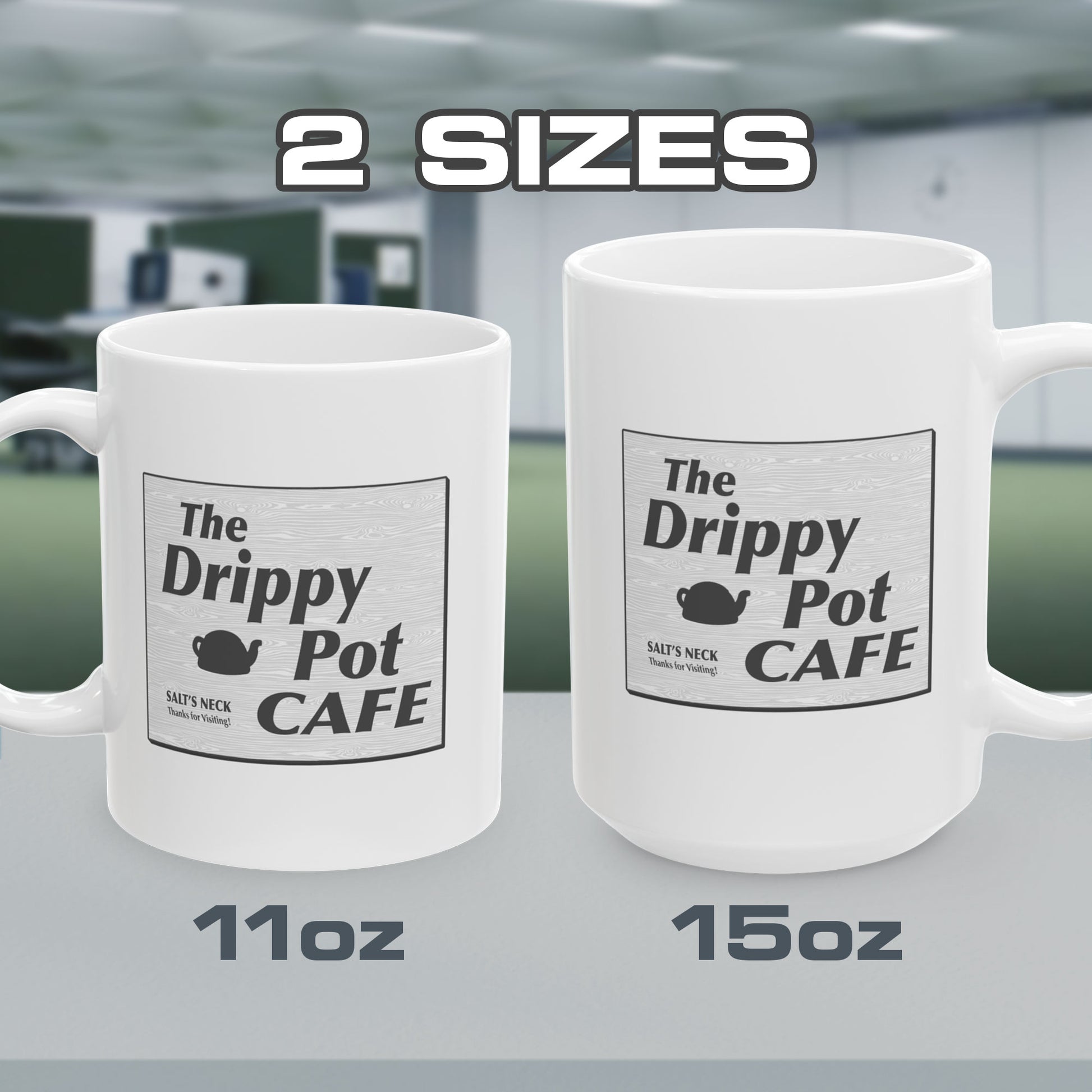 11 and 15 oz White Ceramic Mugs with the Drippy Pot Cafe logo graphic from the TV show Severance printed on both sides.