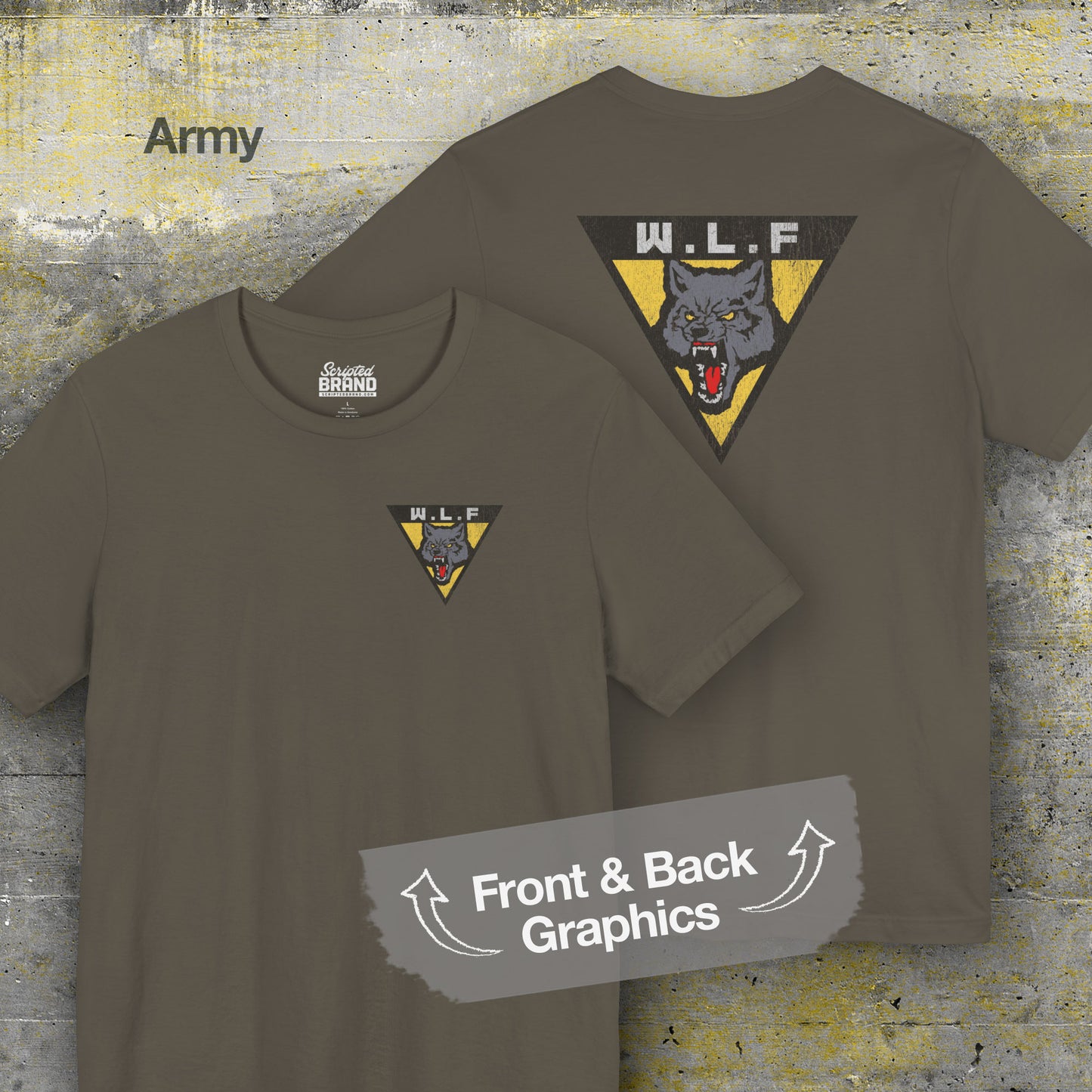 Front and back of army green WLF t-shirt with distressed logo from The Last of Us
