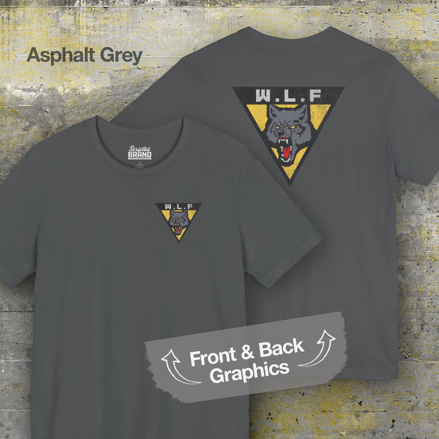 Front and back of asphalt grey WLF t-shirt with distressed logo from The Last of Us